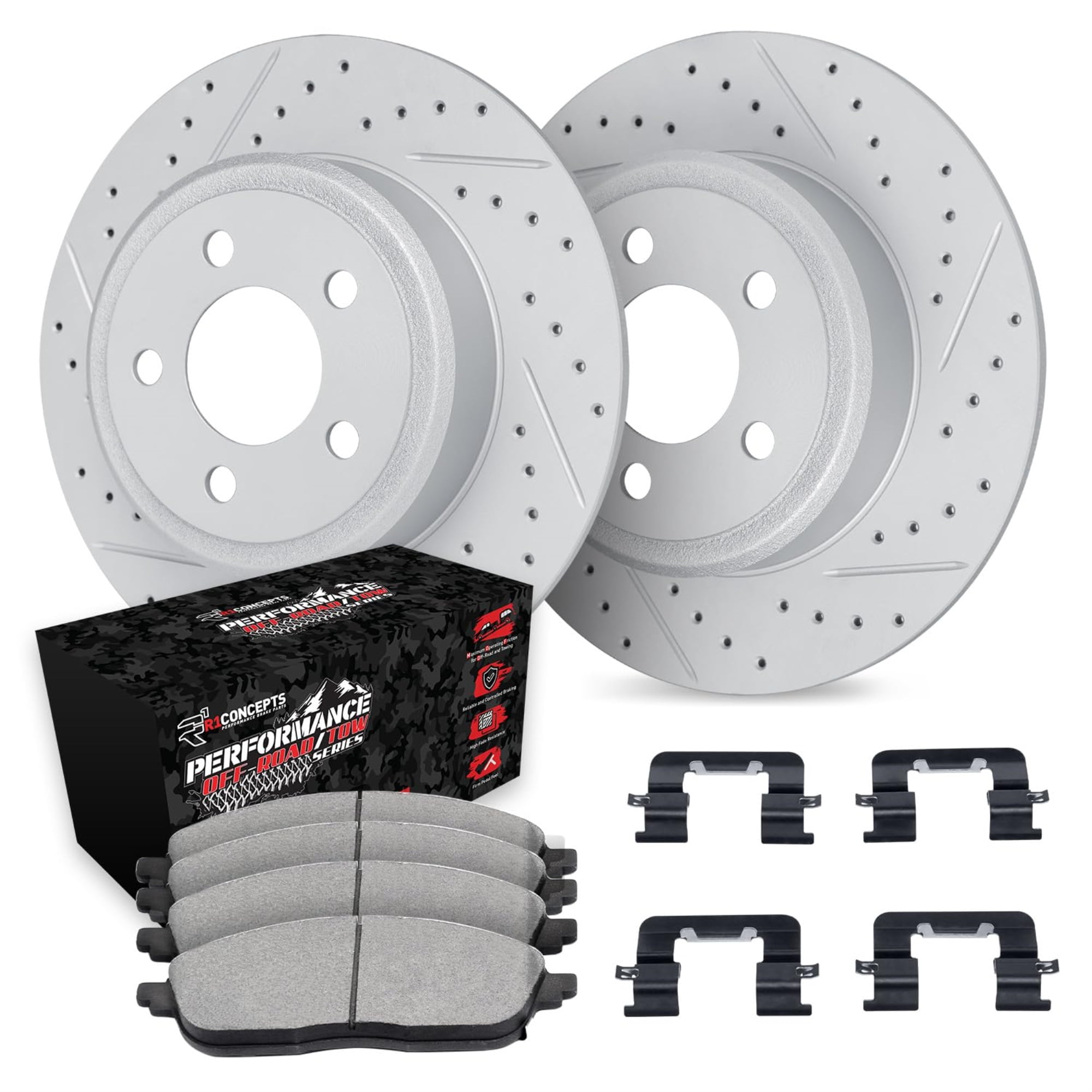 R1 Concepts Drilled and Slotted Carbon Coated Disc Brake Rotor Set with Off-Road/Tow Brake Pads and Hardware WBVH1-42033