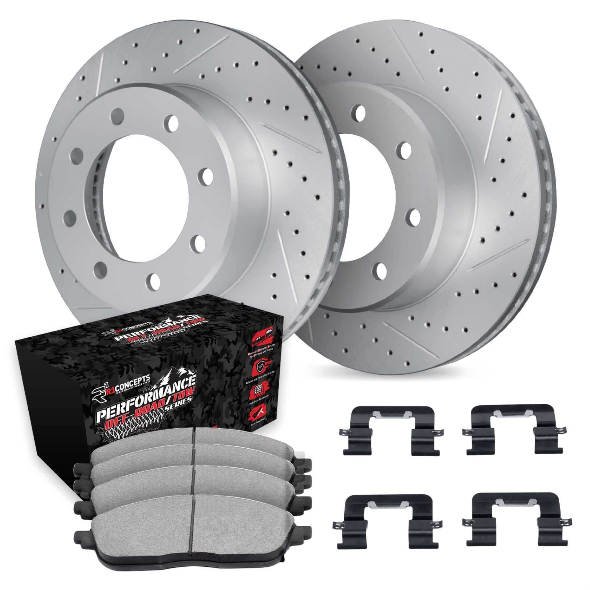 R1 Concepts Drilled and Slotted Carbon Coated Disc Brake Rotor Set with Off-Road/Tow Brake Pads and Hardware WBVH1-48017