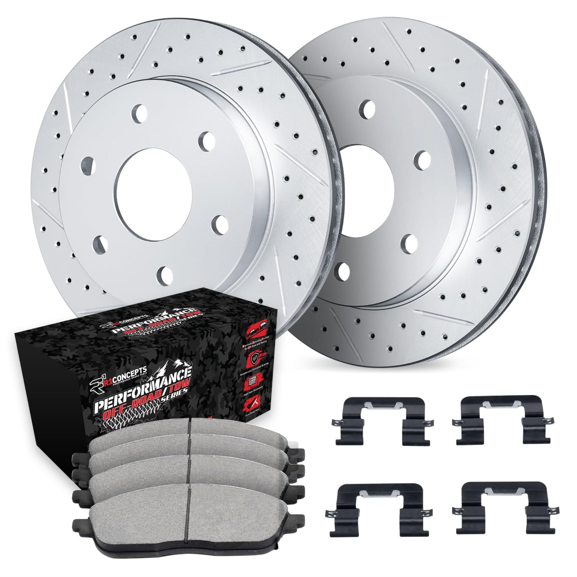 R1 Concepts Drilled and Slotted Carbon Coated Disc Brake Rotor Set with Off-Road/Tow Brake Pads and Hardware WBVH1-48018