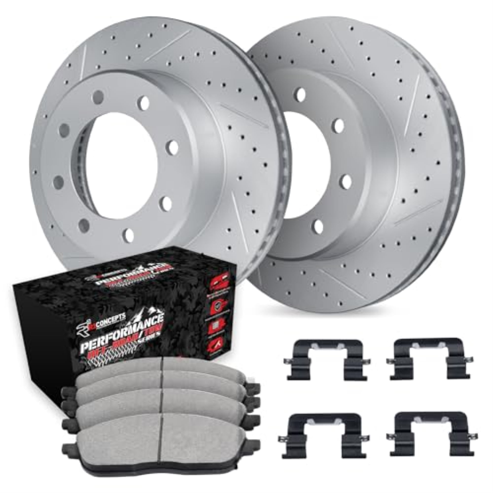 R1 Concepts Drilled and Slotted Carbon Coated Disc Brake Rotor Set with Off-Road/Tow Brake Pads and Hardware WBVH1-54060