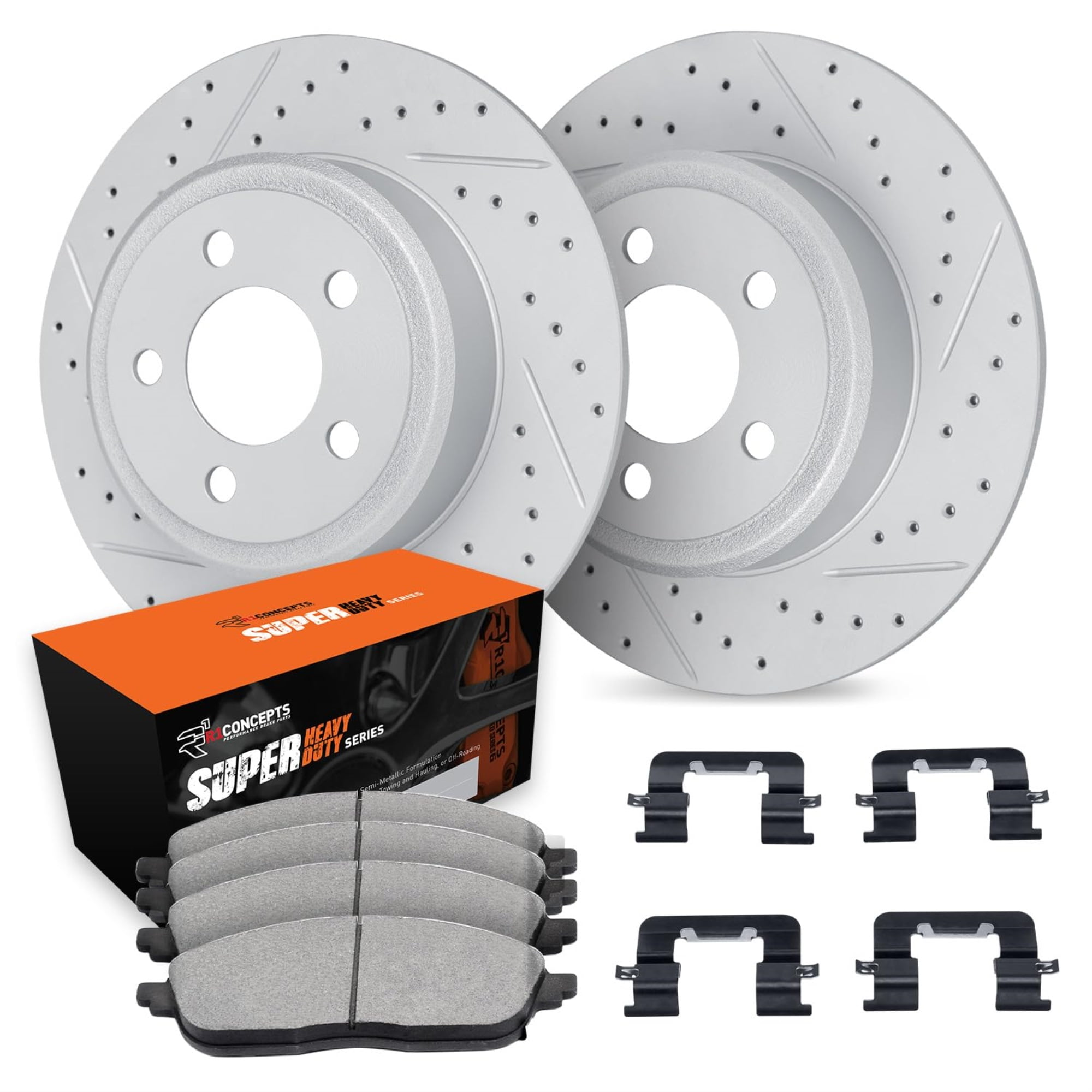 R1 Concepts Drilled and Slotted Carbon Coated Disc Brake Rotor Set with Super Duty Pads and Hardware WBXH1-42001