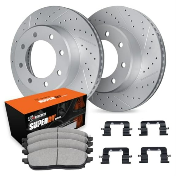 R1 Concepts Drilled and Slotted Carbon Coated Disc Brake Rotor Set with Super Duty Pads and Hardware WBXH1-48037