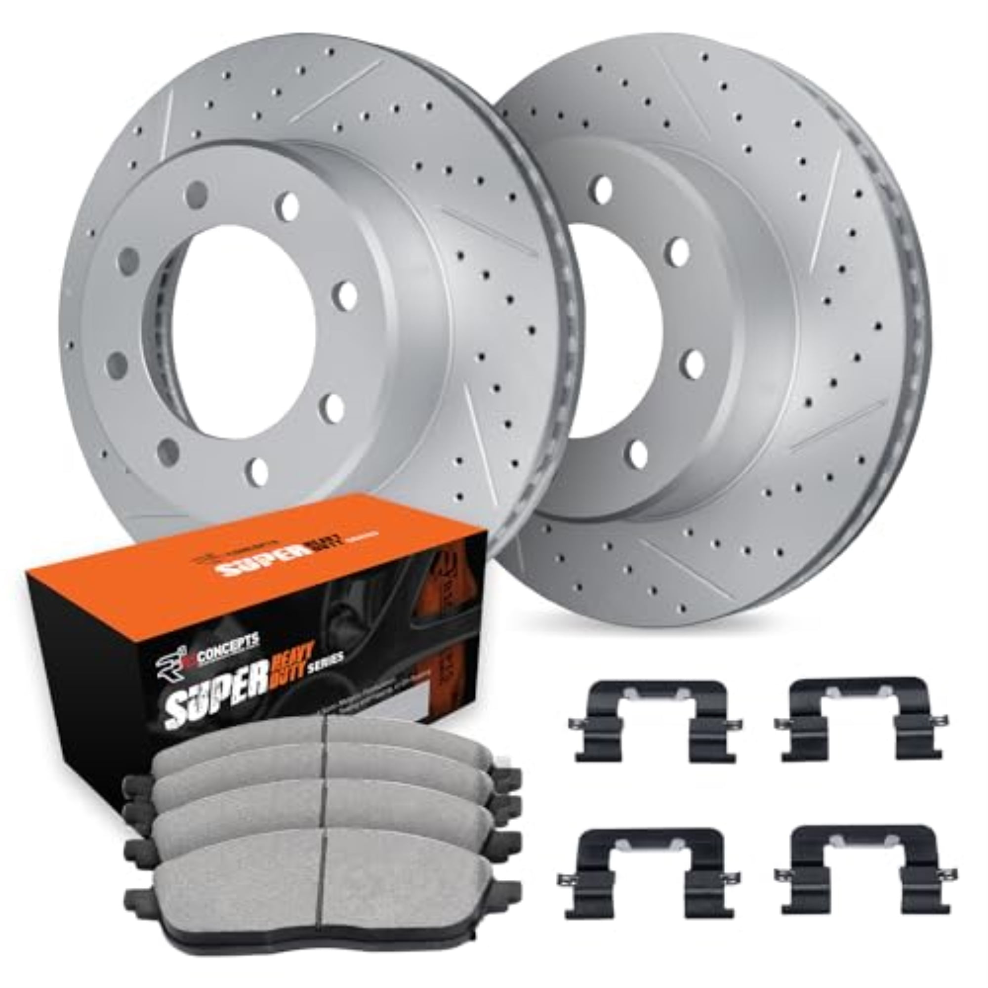 R1 Concepts Drilled and Slotted Carbon Coated Disc Brake Rotor Set with Super Duty Pads and Hardware WBXH1-99175