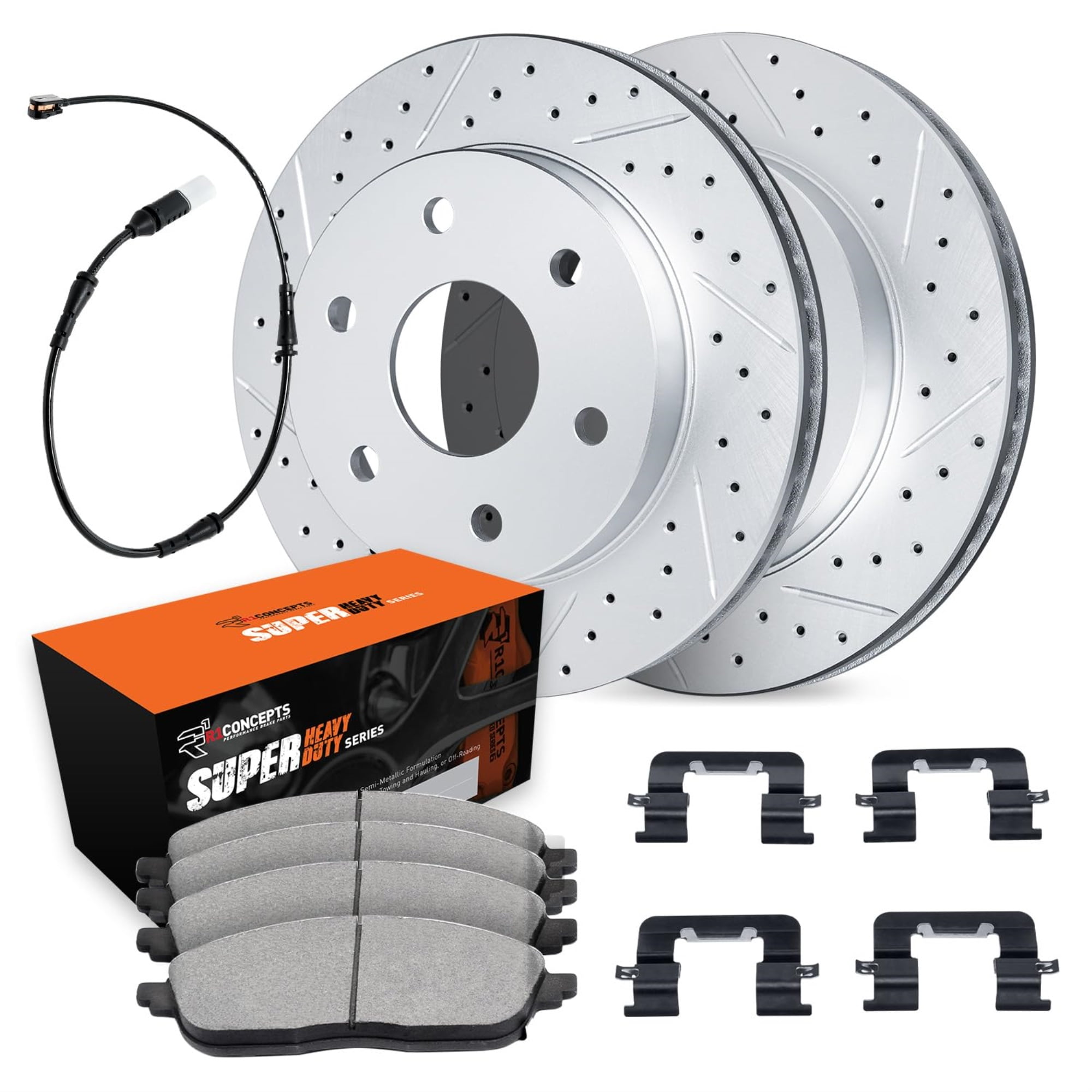 R1 Concepts Drilled and Slotted Carbon Coated Disc Brake Rotor Set with Super Duty Pads, Sensor, and Hardware WBXS1-63111