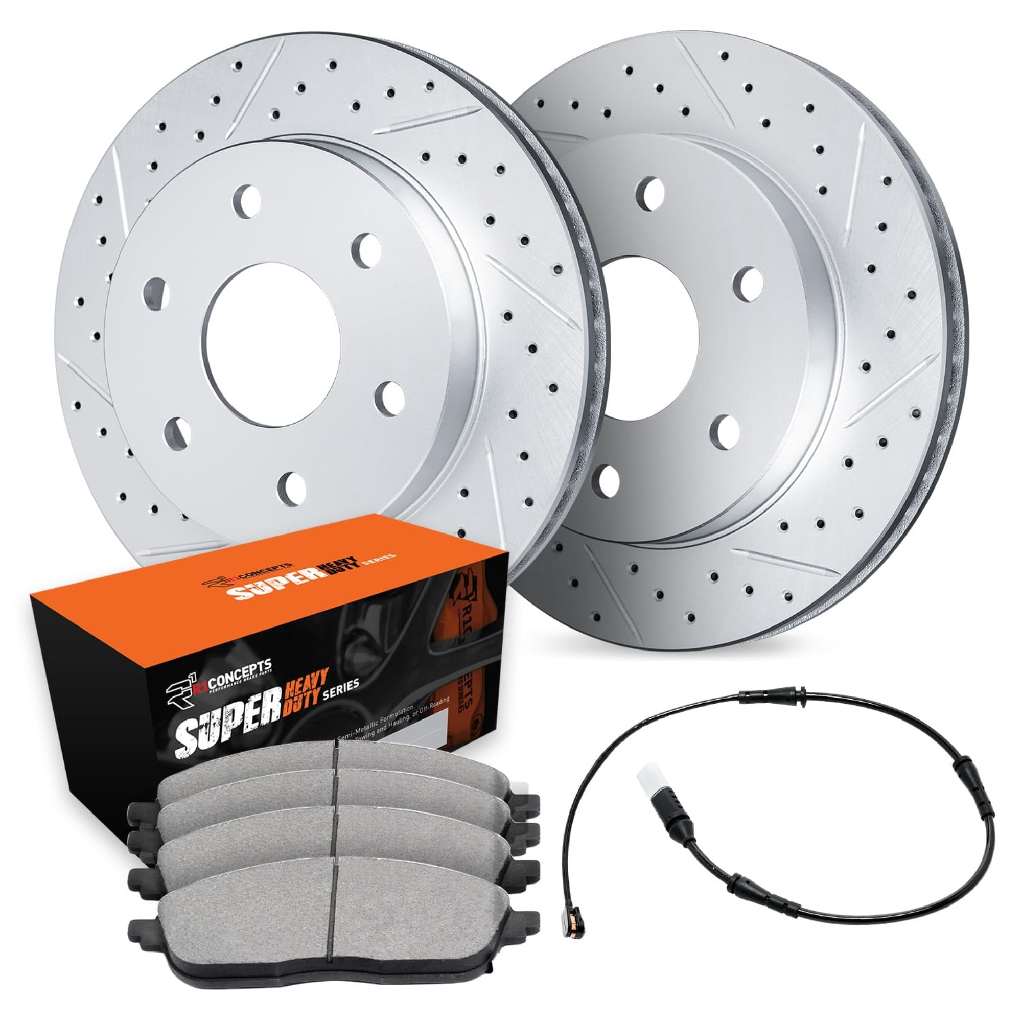 R1 Concepts Drilled and Slotted Carbon Coated Disc Brake Rotor Set with Super Duty Pads and Sensor WBXC1-40002