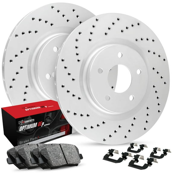 R1 Concepts Rear Carbon Brake Rotors Drilled with Optimum OEp Pads and Hardware Kit 1PX.20009.47 Fits select: 2017 JAGUAR XE, 2018-2019 JAGUAR XE PREMIUM
