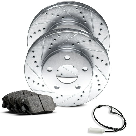 R1 Concepts eLINE Series Rear Brake Rotors Drilled and Slotted Silver with Ceramic Brake Pads, Hardware Kit, and Sensor Wire For 2020-2021 Cadillac CT4