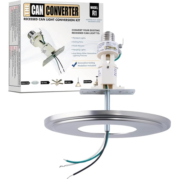 -R1, Recessed Can Light Conversion Kit for Ceiling Light Fixture, Recessed Lighting, Pendant Light, Hanging Light, for Home Improvement, w/ 8¼ Beveled Ceiling Medallion, Satin Nickel