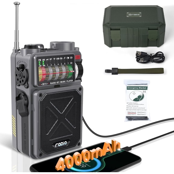 R11 Portable Shortwave Radio - 4000mAh/14800mWh NOAA/SW/AM/FM, Solar/Hand Crank/USB Charging, Bluetooth Receiver/USB/TF Playback,with Compass,Flashlight,SOS for Camping & Emergencies - Grey
