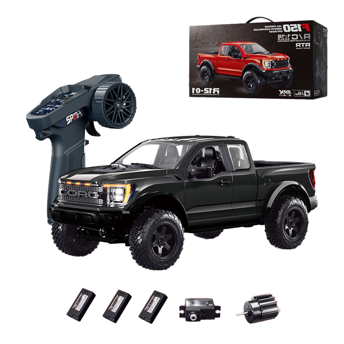 R12-01Q RC Truck, 1:12 Scale F150 Off-Road Pickup Car, 2.4G Long Range Control, 4WD High-Torque High Speed, Independent Suspension, Multi-Function Lighting, Type-C Charging (Black/3 Battery)