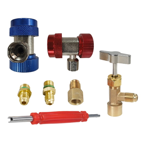 R134A Adapter Set with Puncture Style Can Tap, Coupler Fitting Kit & Valve Core Remover, for AC Systems