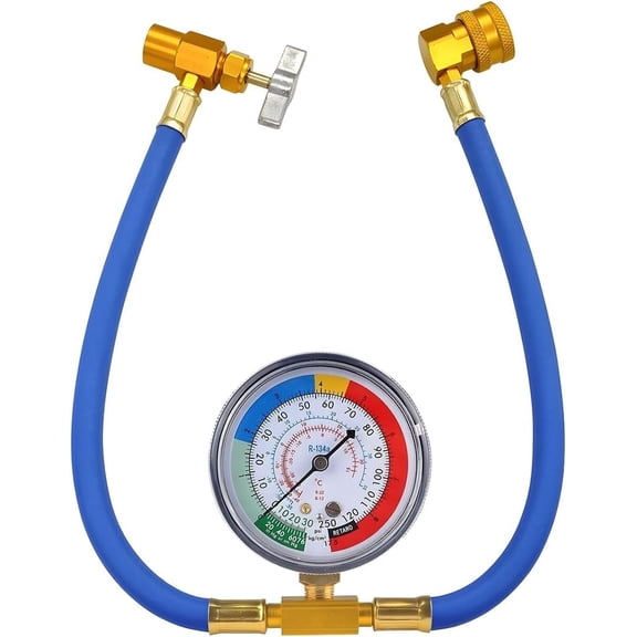 R134A Car AC Refrigerant Charge Hose Kit, Air Conditioning Charge Hose with Gauge & 1/2 Dispensing Valve, Vehicle Refrigerant Recharge Measuring Accessories, Universal Fit