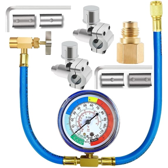R134A Refrigerator Freon Recharge Hose Kit, R134A AC Charging Hose Gauge, Bullet Piercing Valve Hose Refrigerant Can Tap, Self-Sealing Adapter Compatible with Home AC Refrigerant System
