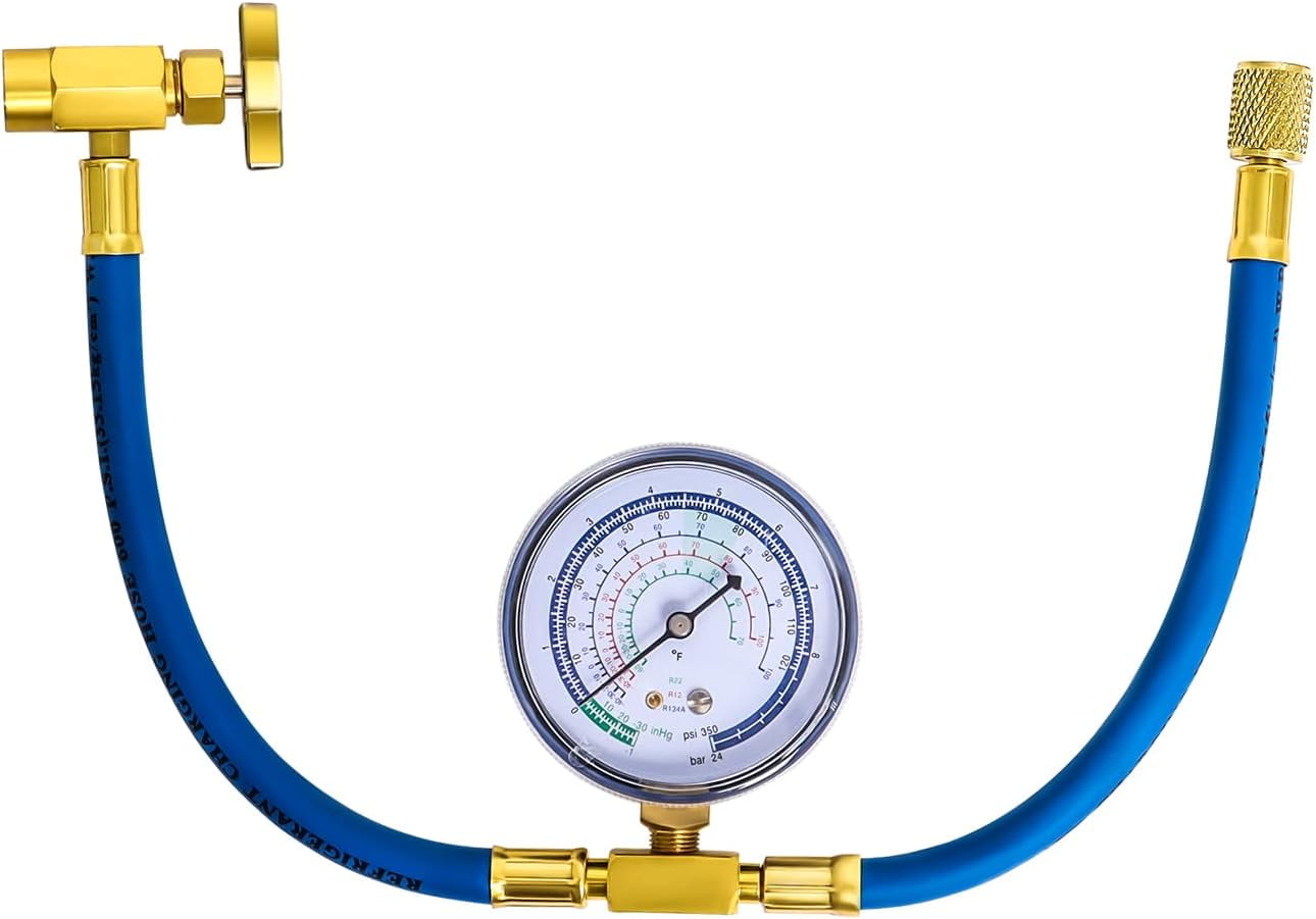 R134a Refrigerant Charging Hose to Refrigerator, AC Recharge Hose, Can Tap with Gauge - R134a Can to R-12/R-22 port
