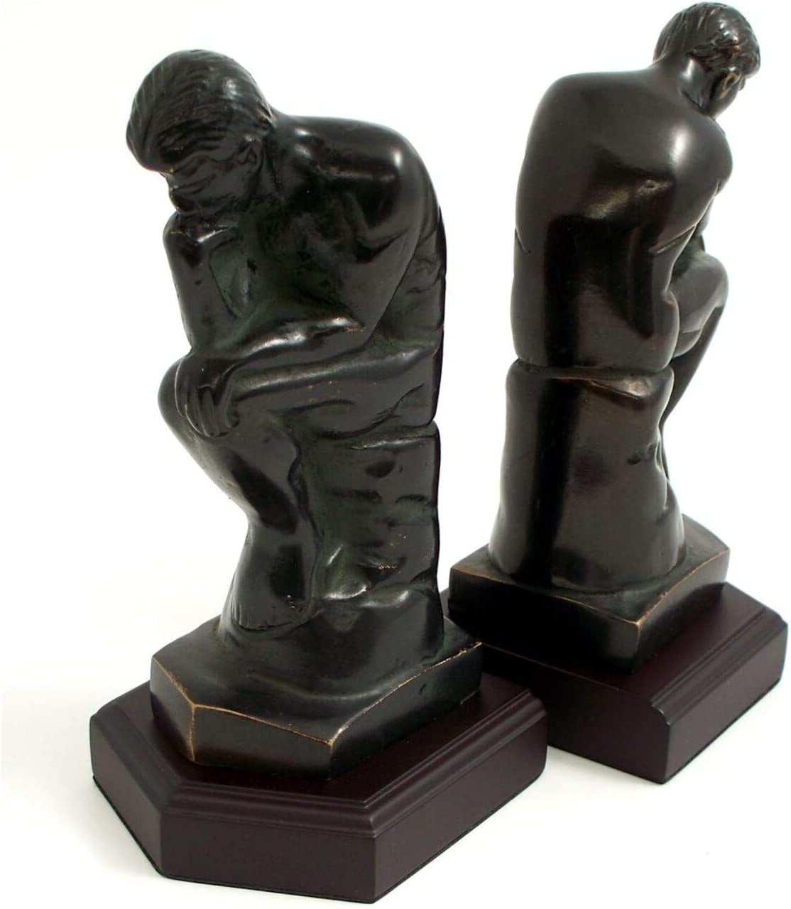 R18T Cast Metal Thinker Bookends with Bronzed Finish on Wood Base
