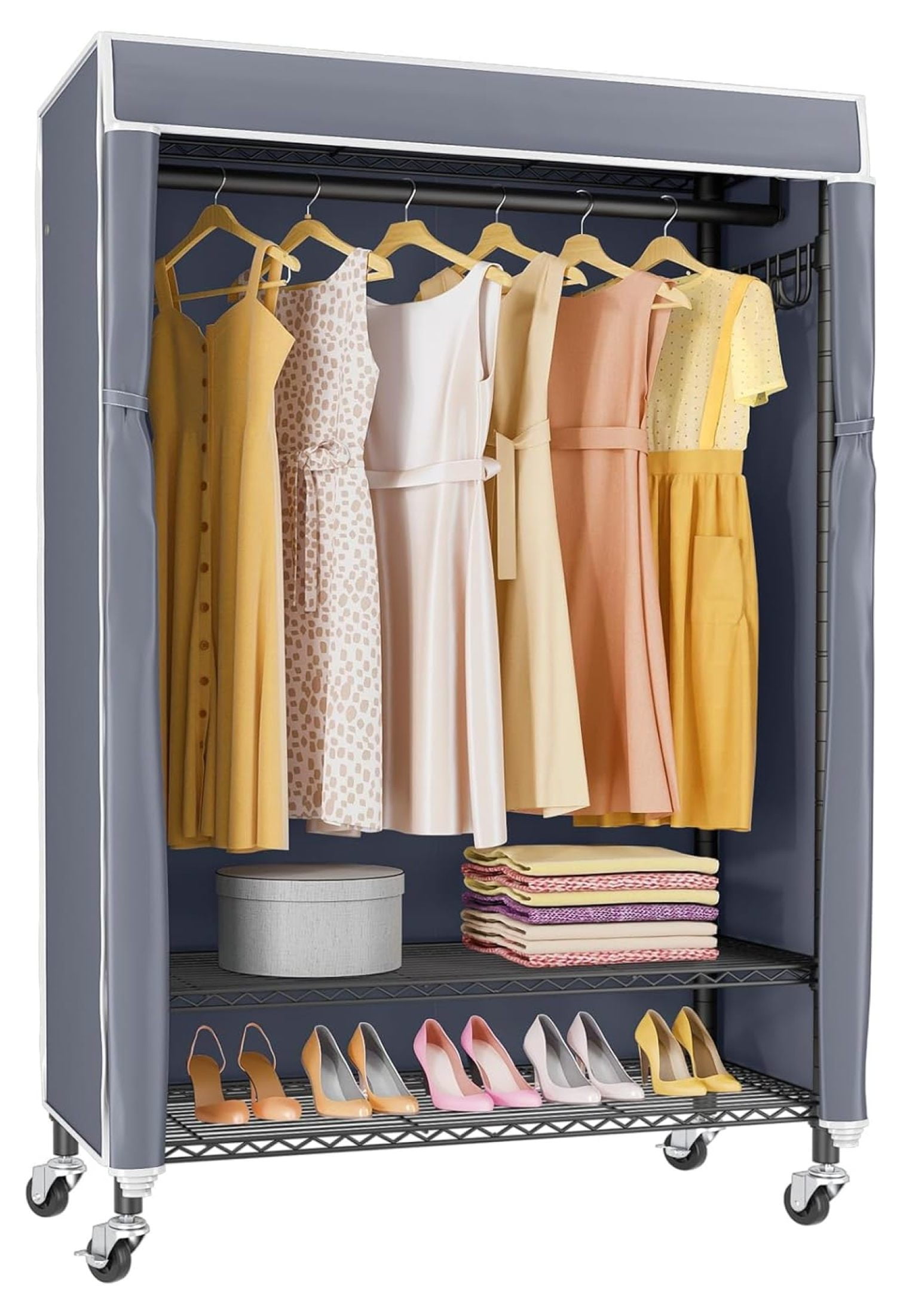 R1C Rolling Clothes Rack with Cover Portable Closet for Hanging Clothes ...