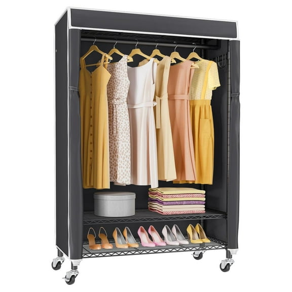 R1C Rolling Clothes Rack with Cover Portable Closet for Hanging Clothes, Heavy Duty Garment Rack Freestanding Clothing Racks with Wheels& Hanging Rod, Black Closet Racks with Black Cover