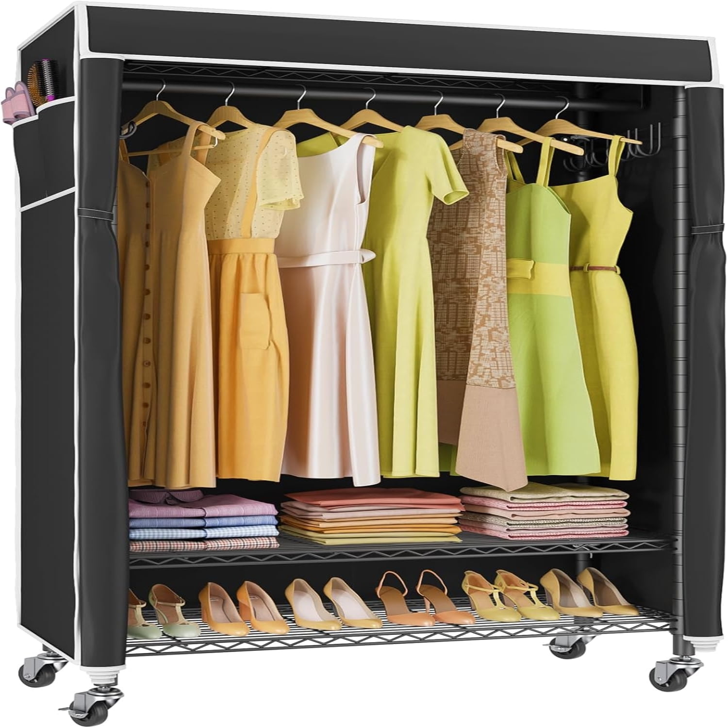 R1C Rolling with Cover Portable Closet for Hanging Clothes Heavy Duty