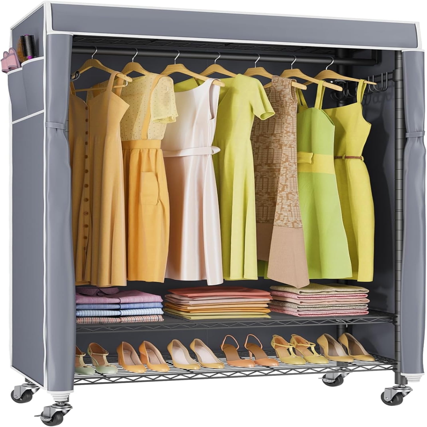 R1C Rolling with Cover Portable Closet for Hanging Clothes Heavy Duty Garment Rack Freestanding Clothing Rack with Wheels Hanging Rod Closet Rack with Gray Cover Walmart