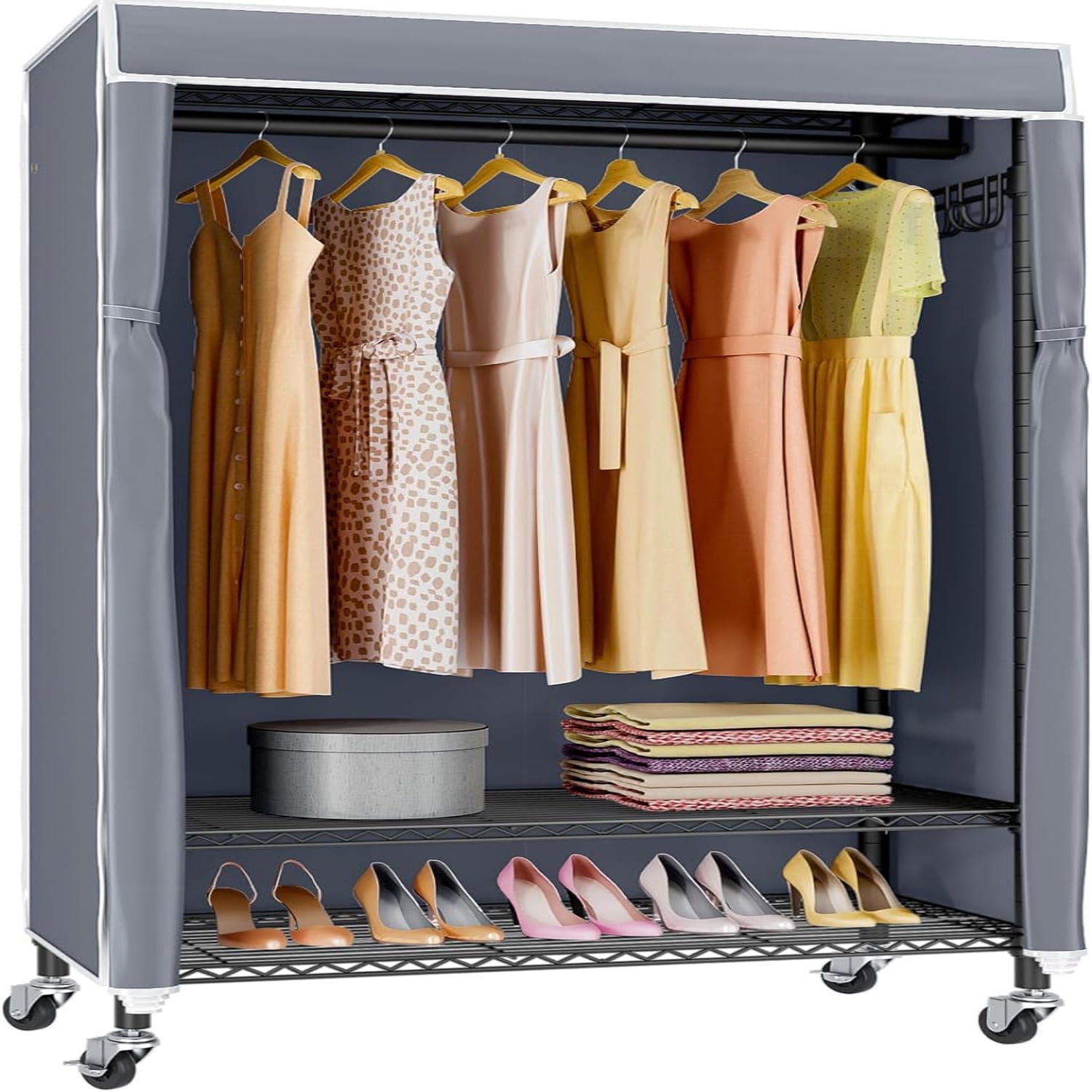 R1C Rolling with Cover Portable Closet for Hanging Clothes Heavy Duty