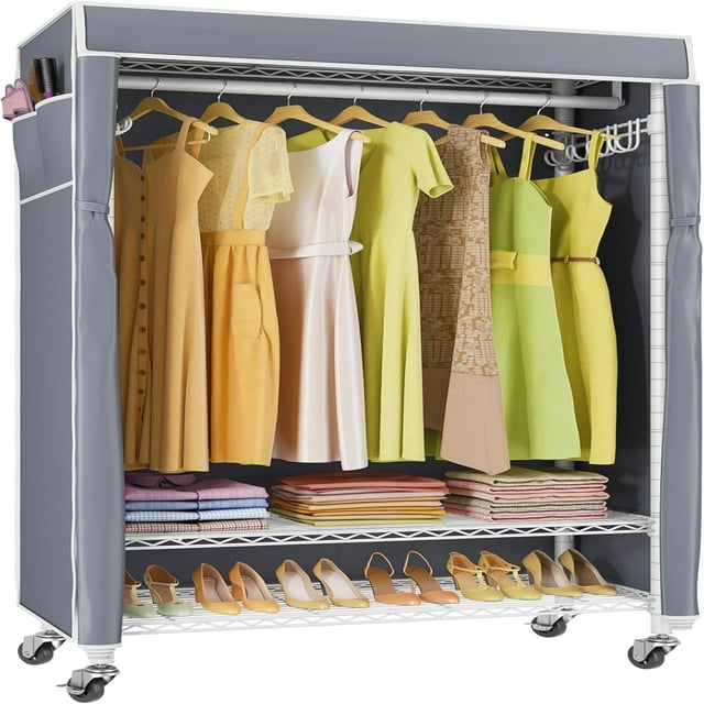 R1C Rolling with Cover Portable Closet for Hanging Clothes Heavy Duty