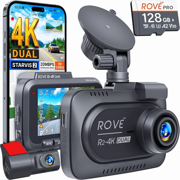 R2-4K DUAL Dash Cam Front and Rear, STARVIS 2 Sensor, FREE 128GB Card Included, 5G WiFi - up to 20MB/s Fastest Download Speed with App, 4K 2160P/FHD Camera for Cars, 3" IPS, 24H Parking Mode