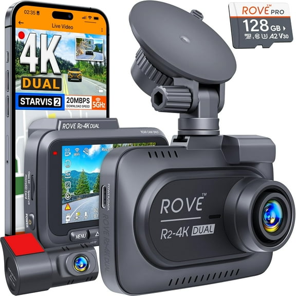 R2-4K DUAL Dash Cam Front and Rear, STARVIS 2 Sensor, FREE 128GB Card Included, 5G WiFi - up to 20MB/s Fastest Download Speed with App, 4K 2160P/FHD Dash Camera for Cars, 3" IPS, 24H Parking Mode