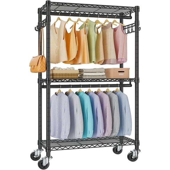 R2 Medium Rolling Clothes Rack Heavy Duty Clothing Rack for Hanging Clothes Adjustable Metal Wire Shelving Portable Closet with Wheels Side Hooks, Freestanding Closet Wardrobe, Black