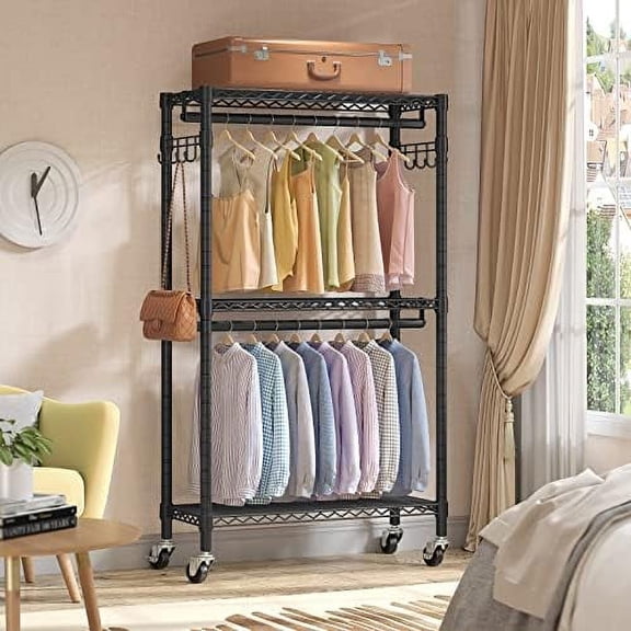 R2 Medium Rolling Clothes Rack Heavy Duty Clothing Rack for Hanging Clothes Adjustable Metal Wire Shelving Portable Closet with Wheels Side Hooks, Freestanding Closet Wardrobe, Black