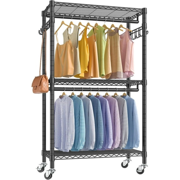 R2 Medium Rolling Clothes Rack Heavy Duty Clothing Rack for Hanging Clothes Adjustable Metal Wire Shelving Portable Closet with Wheels Side Hooks, Freestanding Closet Wardrobe, Black