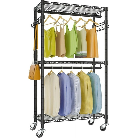 R2 Mini Rolling Clothes Rack Heavy Duty Clothing Rack for Hanging Clothes Adjustable Portable Closet Metal Clothes Racks with Wheels Double Rods Side Hooks, Freestanding Garment Rack, Black