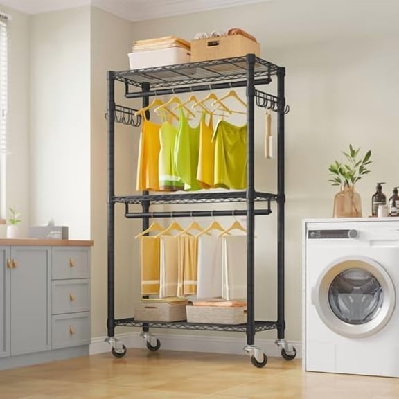 R2 Mini Rolling Clothes Rack Heavy Duty Clothing Rack for Hanging Clothes Adjustable Portable Closet Metal Clothes Racks with Wheels Double Rods Side Hooks, Freestanding Garment Rack, Black