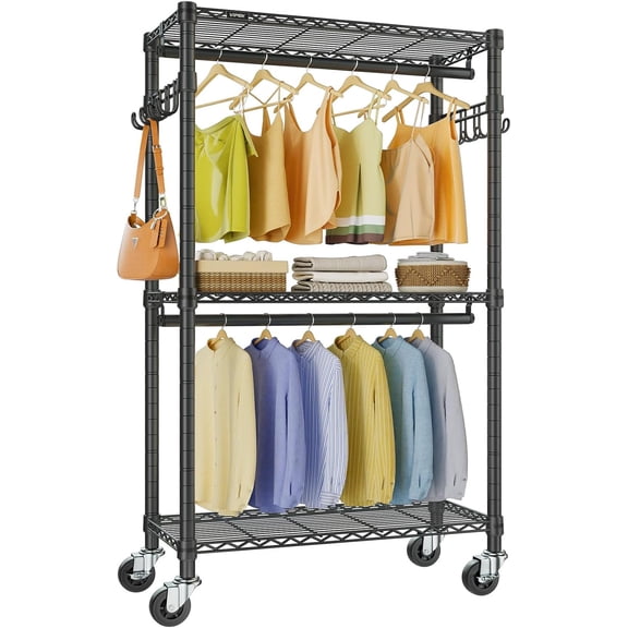 R2 Mini Rolling Clothes Rack Heavy Duty Clothing Rack for Hanging Clothes Adjustable Portable Closet Metal Clothes Racks with Wheels Double Rods Side Hooks, Freestanding Garment Rack, Black