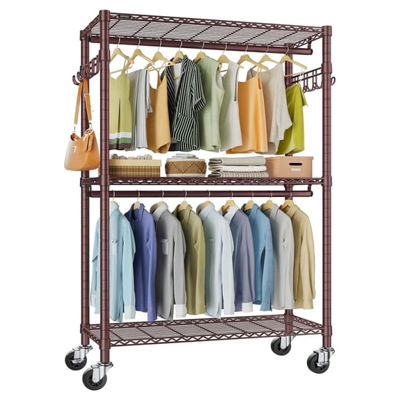 R2 Plus Rolling Clothes Rack for Hanging Clothes Heavy Duty Clothing Rack 3 Tiers Adjustable Metal Wire Shelving Garment Racks with Side , Closet Organizers and Storage Wardrobe, Bronze