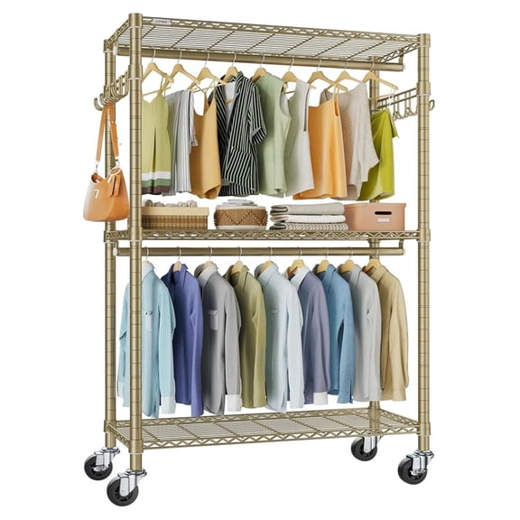 R2 Plus Rolling Clothes Rack for Hanging Clothes Heavy Duty Garment Rack 3 Tiers Adjustable Wire Shelving Clothing Racks with Double Hanging Rods, Closet Organizers and Storage,