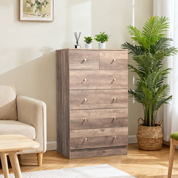 R279-9 Gray Particleboard with Textured Melamine Finish, 66*40*111cm, 4+2 Drawer Cabinet, Matte Gold Handles