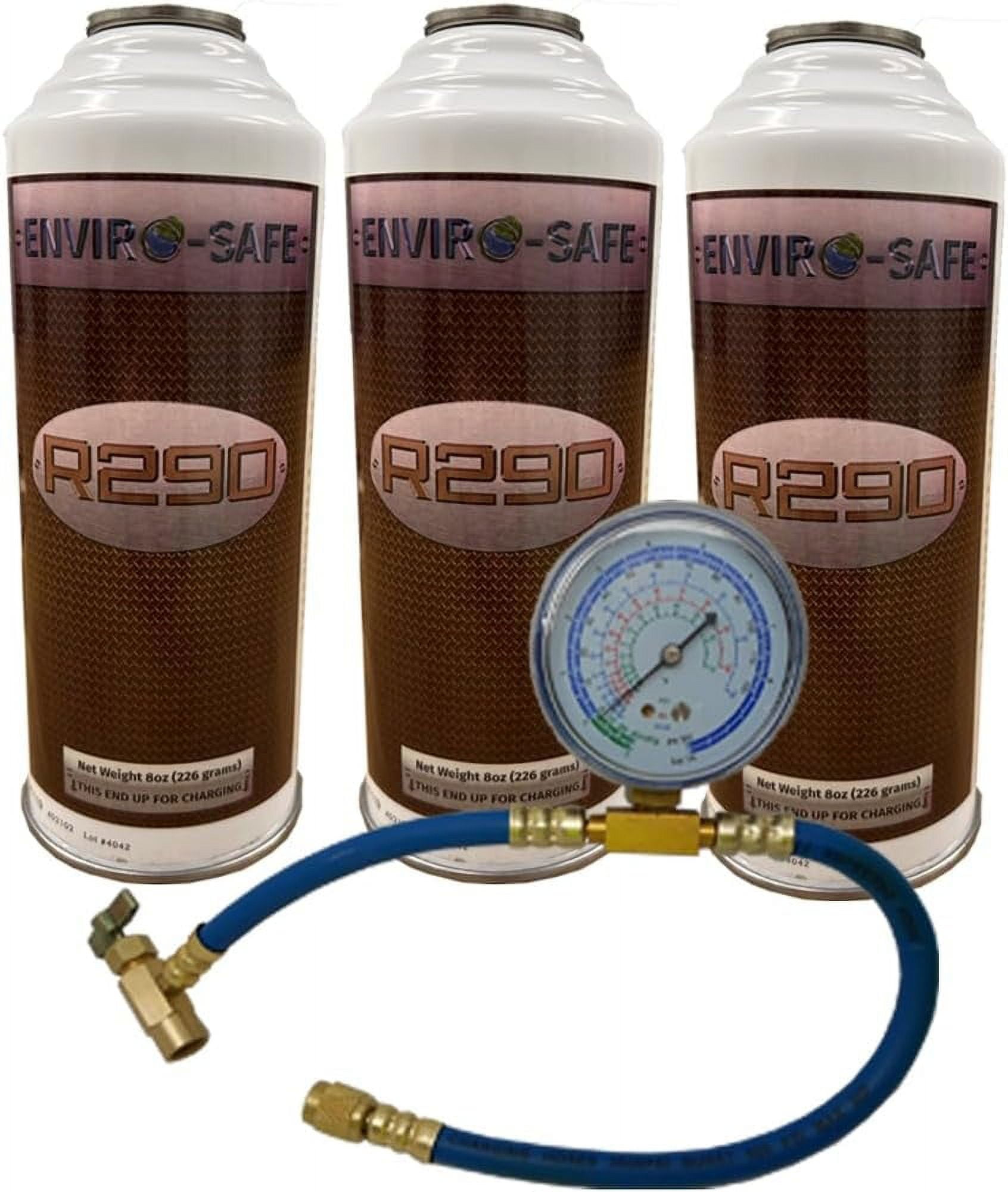 R290 AC Refrigerant Recharge Kit | 14" Hose Can Tap with Gauge | 3-8oz Cans