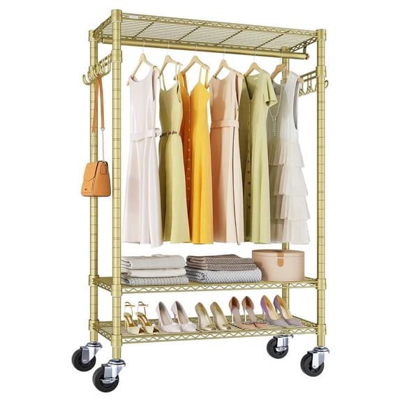 R3 Heavy Duty Clothes Rack with Lockable Wheels, Rolling Portable Closet with Adjustable Shelves & Hanging Rod & Side , Compact Space-Saving Storage for Small Apartments/Dorms ()