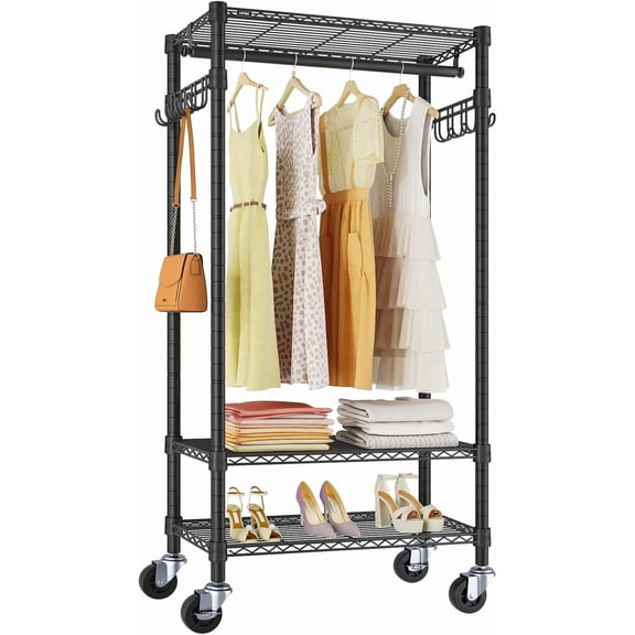 R3 Medium Rolling Clothes Racks with Lockable Wheels, Heavy Duty Garment Rack with Adjustable Shelves & Hanging Rod & Side Hooks, Compact Space-Saving Storage for Small Apartments/Dorms (Black)