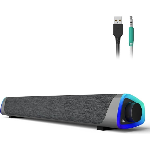 R30 Computer Speakers, USB Powered PC Speaker, Colorful LED Lights with Switch Button, 3.5mm Aux Surround Soundbar for Desktop Laptop Monitor Office Work Music Gray