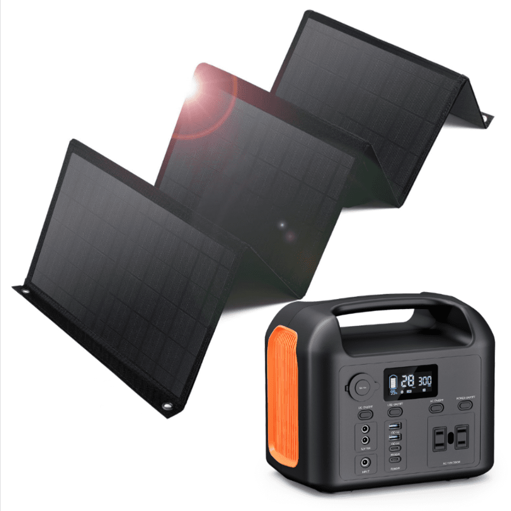 R300 299Wh Portable Power Station With 55W Solar Panel, Pure Sine Wave Solar Generator, Battery Pack, Emergency Power Station with 110V/300W 2 AC Outlets, PD 60W USB-C&Dual 12V/120W Ports Power