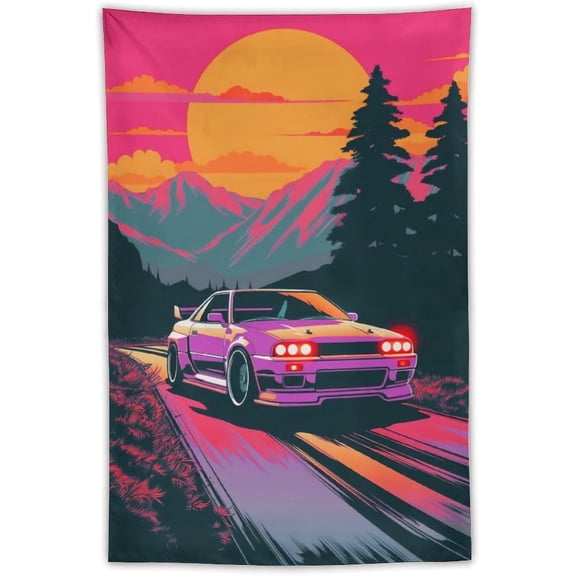 R32 Retro Car Synthwave Tapestry Wall Hanging Aesthetic Art Home Decor for Bedroom Dorm Classroom Living Room 40"x60"