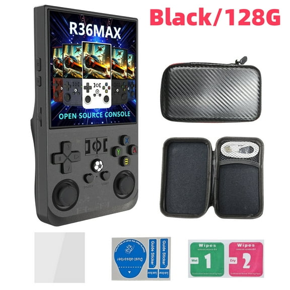 R36MAX open source handheld game console, 4.0-inch 3D large screen, GBA dual joystick, arcade nostalgia,black,128G