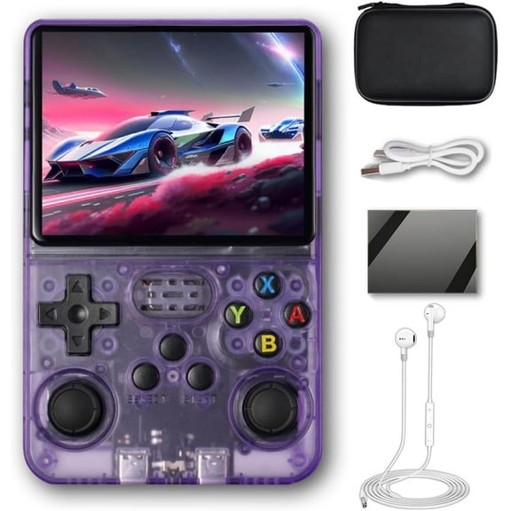 R36S Handheld Game Console 3.5 inch Preinstalled Emulator System Transparent Purple 64GB