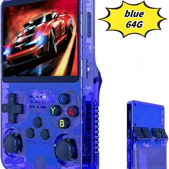 R36S Mini Retro Handheld Video Game Console, 3.5" HD, Dual 3D Joysticks, 11 Emulator, Blue 64GB