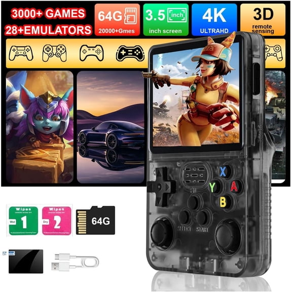 R36s Handheld Gaming Device, 3.5-inch Ips Display Retro Emulator, Open-source Operating System, Compact Portable Game Player, Preloaded 3000 Classic Titles, Included 64gb Storage Card