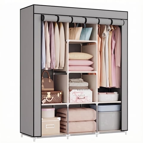 Wardrobe Closet, Portable Closet Rack for Hanging Clothes with Cover, 2 Hanging Rods, 8 Storage Shelves & 2 Side Pockets, Space-Saving Organizer for Bedroom, Gray