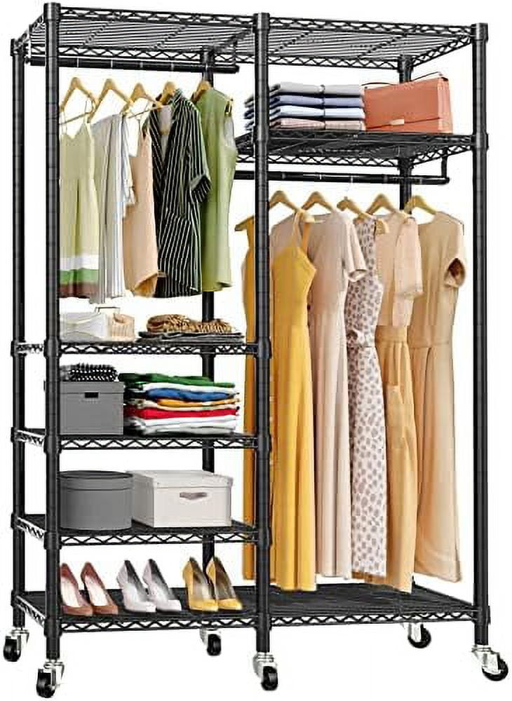Black Heavy Duty Wire Rolling Garment Rack with Adjustable Shelves