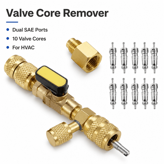 R410A R22 Valve Core Remover Installer Tool with 10 Valve Cores, Dual SAE 1/4" & 5/16" Port for Home AC and HVAC Refrigerant Maintenance
