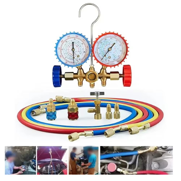 R410a 3Way AC Diagnostic Manifold Gauge Complete Set for R134A R410A R22 with Hose Adapters Quick Couplers and Can Tap